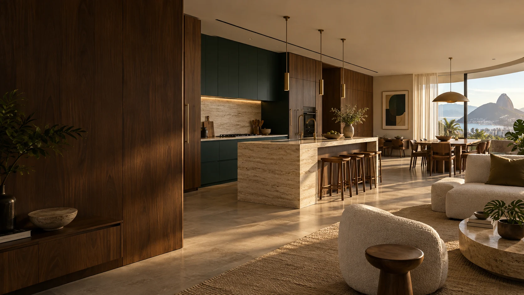 Inspiração de cozinha com marcenaria em madeira e tons verde profundo